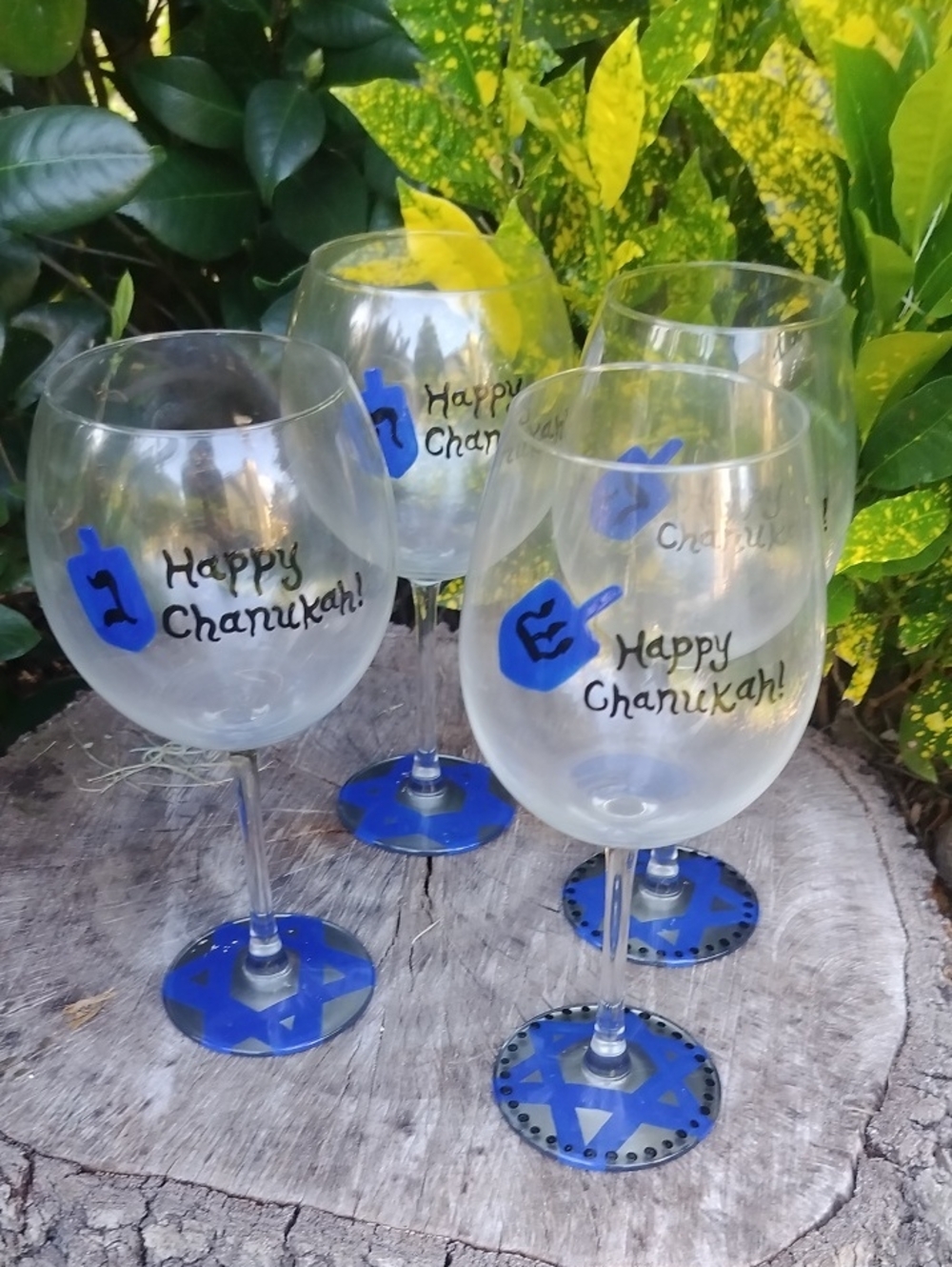 KiDesigns Hand-Painted Happy Chanukah Wine Glasses - Blue Dreidel Design